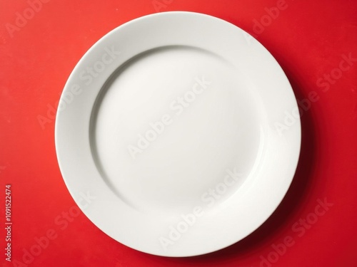 A vibrant red background symbolizing hunger, featuring an empty plate with scattered crumbs, appetite, empty photo