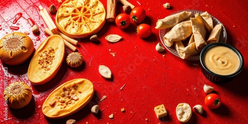 A vibrant red background with a hungry theme featuring various food items scattered around, abstract, hungry