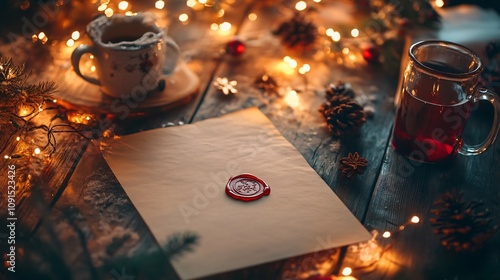 Letter to Santa with a vintage wax seal, surrounded by glowing string lights and a mug of mulled wine photo