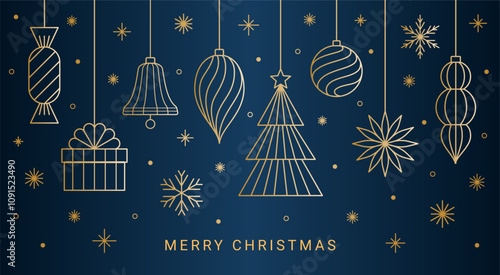 Merry Christmas toys line art design composition. Gold linear hanging ball, bell, fir tree, gift box, candy in a wrapper, snowflakes decorations on the dark blue background. EPS 10 vector banner