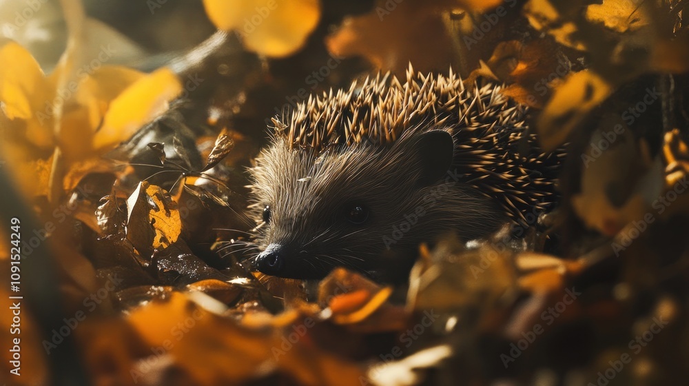 Fototapeta premium Hedgehog nestled in autumn leaves, backlit by sunlight.