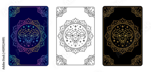 Tarot card with Aries zodiac sign. Simple line art style.