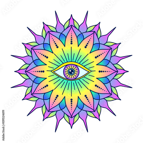 Geometric mandala with an all seeing eye at the center on white background.