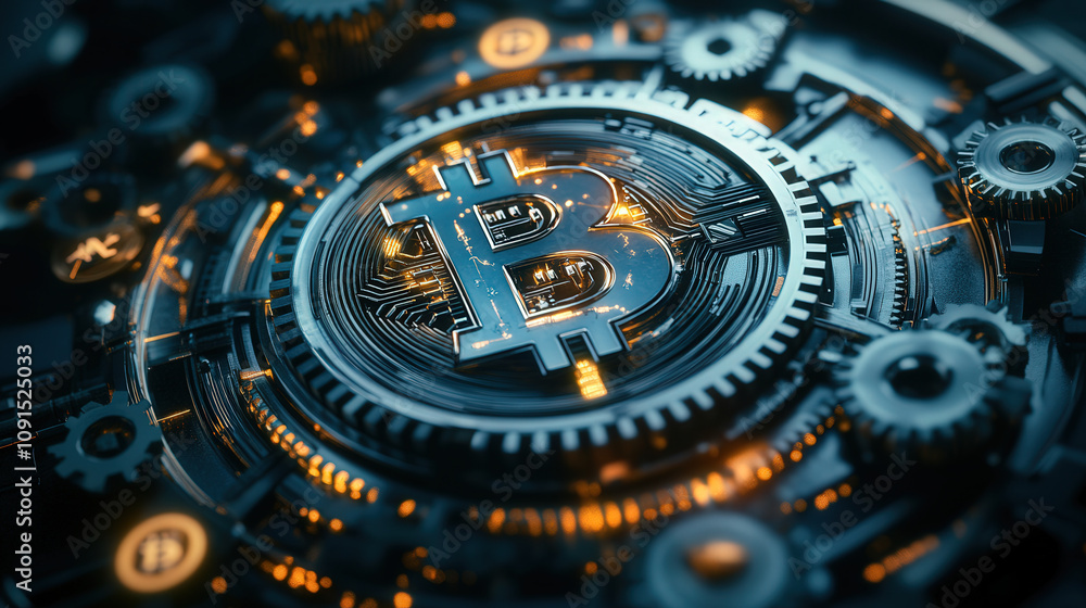 Fototapeta premium An abstract clock made of metallic gears and digital currency symbols, symbolizing time and financial strategy