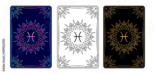 Tarot card with Pisces  zodiac sign. Simple line art style.