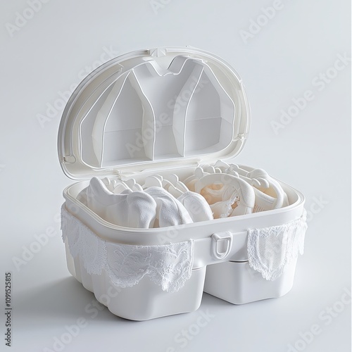 Elegant white knit baby booties in stylish lace-trimmed storage box photo