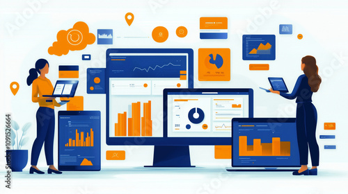 Wallpaper Mural A bright and lively image of small business owners tracking their sales data through intuitive apps on multiple devices Torontodigital.ca