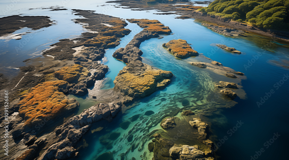 Aerial View of a Serene River Delta with Geometric Water Patterns - Generative AI Aerial View of a Serene River Delta with Geometric Water Patterns - Generative AI