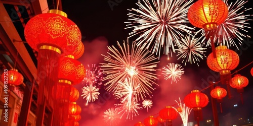Vibrant Chinese New Year celebration with red lanterns and fireworks in night sky