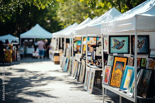 Art vendors display unique creations outdoors.