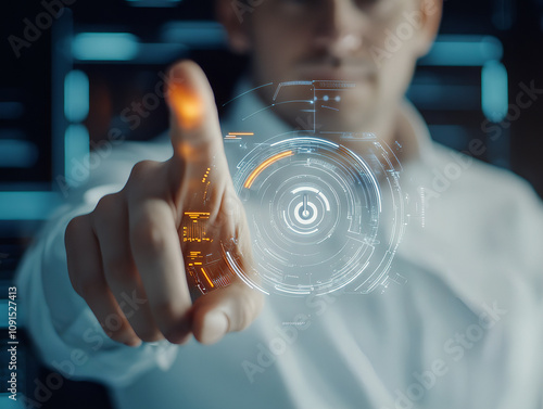 Man Using High-Tech Virtual Screen with Digital Holographic Display, Showcasing Smart Technology, Innovation, and Modern User Interface Design photo