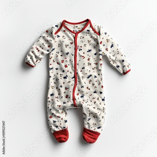 Adorable baby onesie with red trim and animal print on white fabric photo