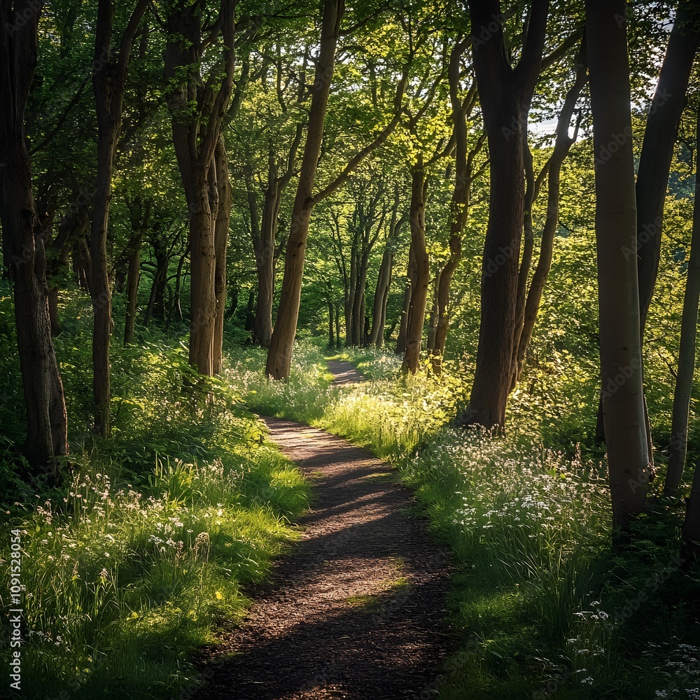 Obraz premium Early summer in the woodlands of Brayford in North Devon, UK. A beautiful shady walk