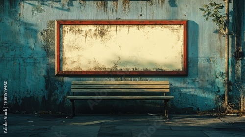 Blank signboard mockup prominently displayed against a weathered blue wall, featuring a rustic red frame and accompanied by a solitary wooden bench for potential advertisements or promotions. photo