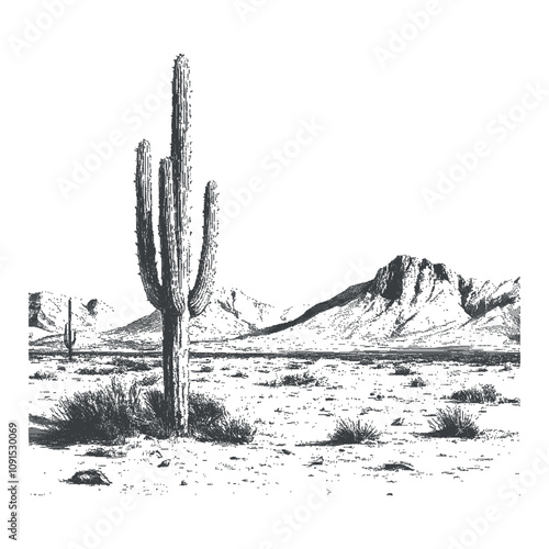 Retro photocopy Arizona desert for t-shirt print. Halftone poster. Concept of Wild West. Monochrome vector graphics. Contemporary illustration with dotted texture.