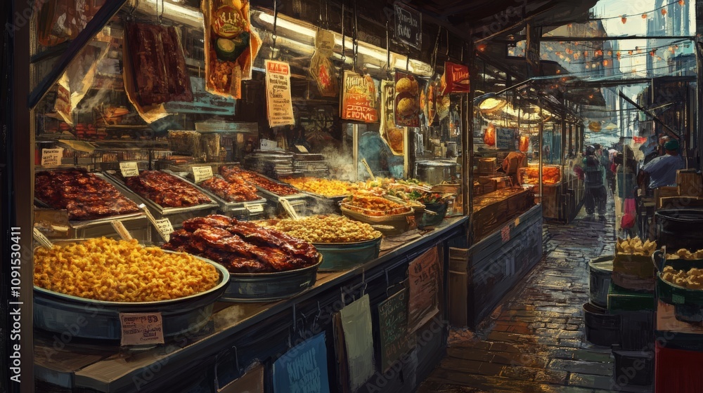Fototapeta premium A bustling street food market with a variety of dishes and food vendors.