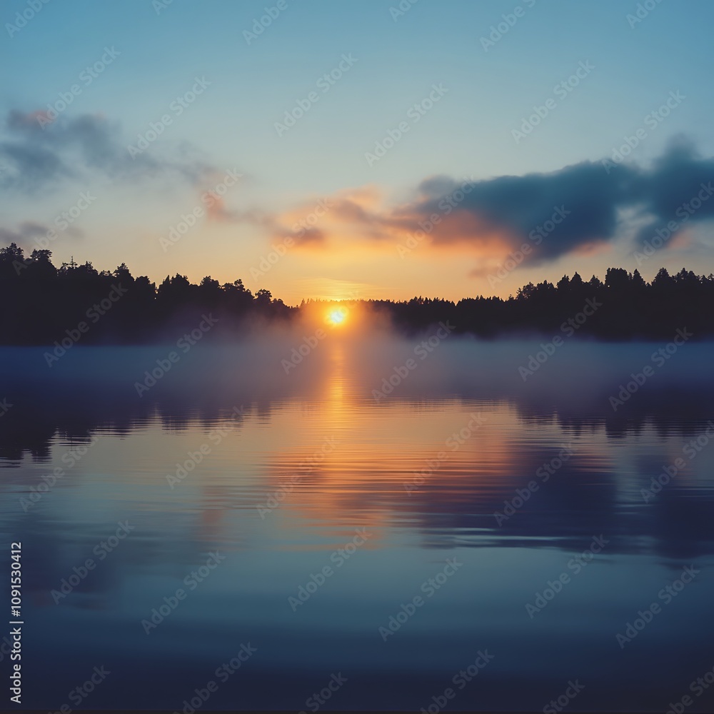 Obraz premium Sunrise with fog forming over a lake in Sweden, at dawn. Romantic silence