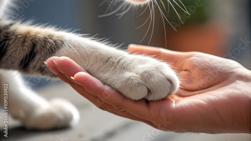 Closeup: Katzenpfote in einer menschlichen Hand photo