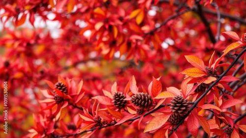 A beautiful autumn background with colorful leaves, pine cones, and branches, nature, serene