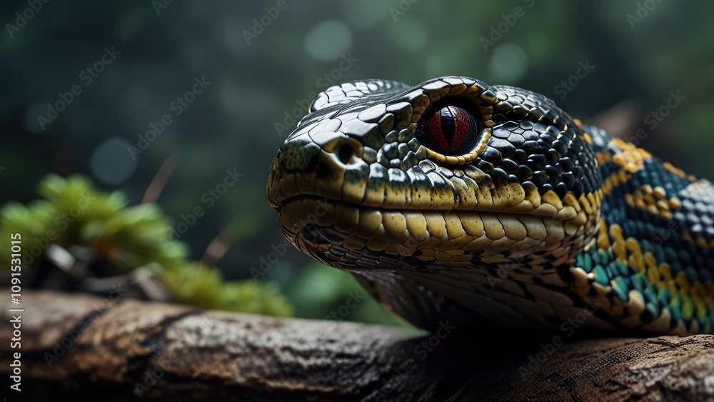 Obraz premium Close-up of a vibrant snake with green and yellow patterns in a natural environment