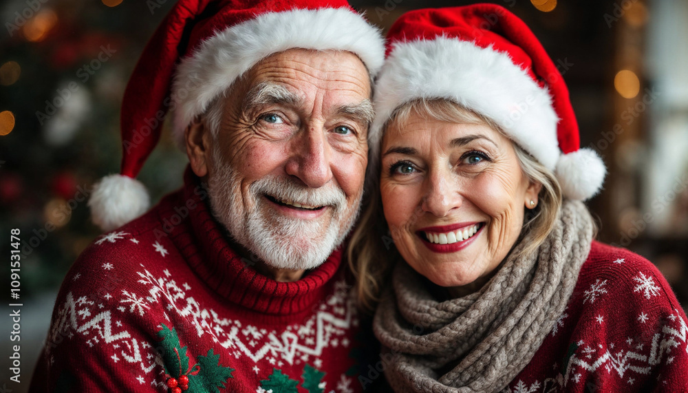 Elderly couple in Santa hats and sweaters, smiling warmly, festive and joyful.
Elderly couple in Santa hats and sweaters, smiling warmly, festive and joyful.