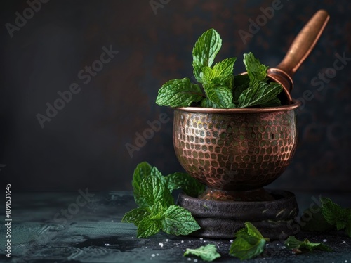 A stylish copper mortar overflowing with mint herbs, elegantly set against a dark background, enhancing its rustic appeal. photo