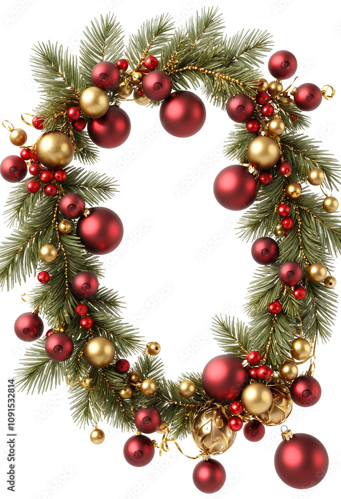 Gold Christmas wreath with red and gold ornaments on a pink background Gold Christmas wreath with red and gold ornaments on a pink background