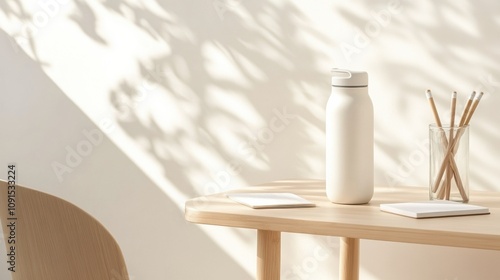 Wallpaper Mural A minimalist workspace with a water bottle and pencils on a wooden desk, AI Torontodigital.ca