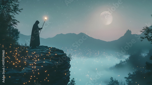 Hooded Sorcerer Holding a Luminous Staff Overlooking a Mystical Foggy Valley Beneath a Full Moon photo