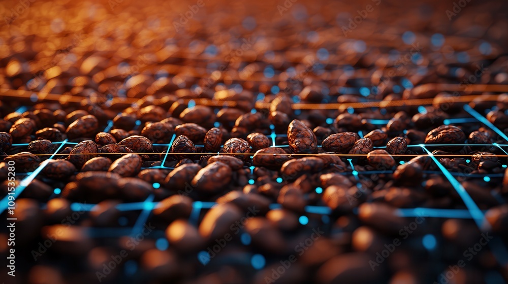 Fototapeta premium Close-Up of Intertwined Cocoa Beans with Glowing Accents Highlighting Textures and Details for Stunning Visual Appeal