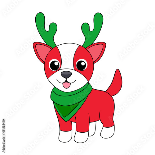 Dog with Reindeer Antlers and Christmas Scarf Vector.