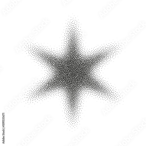 Halftone star with dot gradient and burst effect. Grainy noise pattern creates abstract figure. Flat vector illustration isolated on white background.
