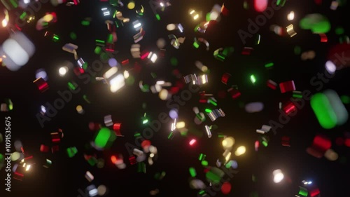 Colorful glittering christmas confetti falling against black background, loopable 3D animation in Ultra HD 4K Prores 4444 with shallow depth of field