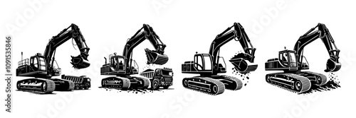 Silhouette collection of excavator transporting materials, designed in a clean and modern vector style. Perfect for construction, engineering, or ndustrial-themed projects.
