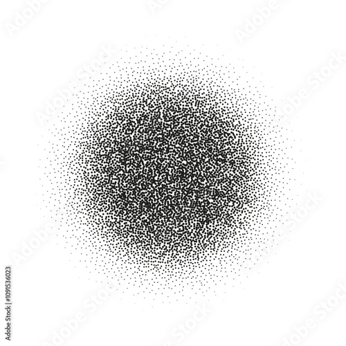 Gradient dots with grainy texture and noise effect. Circular halftone sphere with spray pattern and brush texture. Flat vector illustration isolated on white background.s
