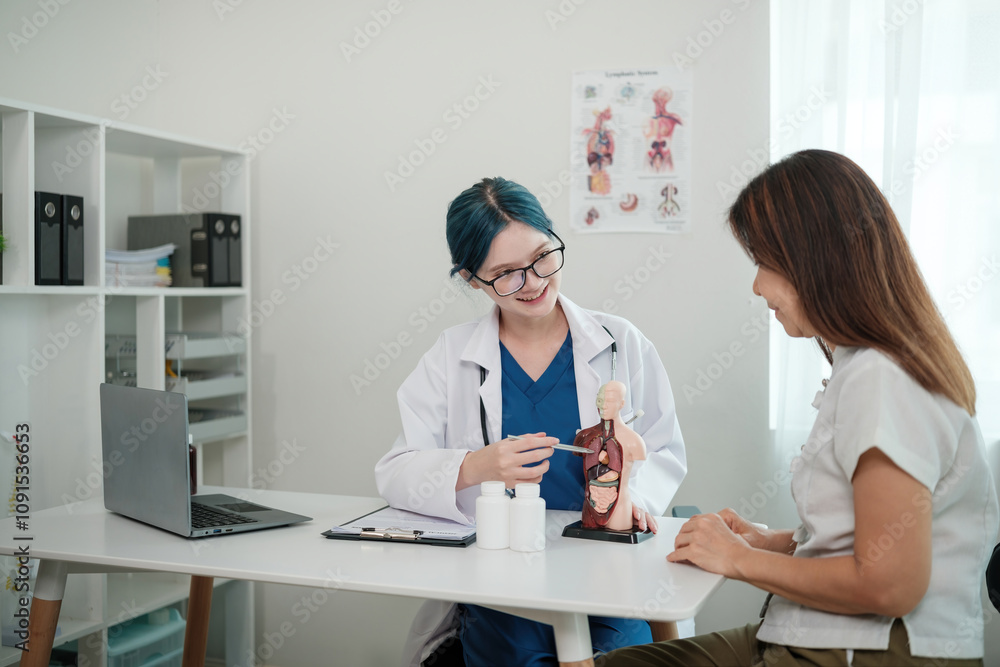 Fototapeta premium A woman is sitting at a desk with a doctor
