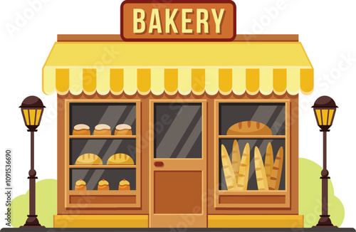 Small business bakery shop building facade with bread, cakes and baguettes displayed in the window, yellow awning and street lamps