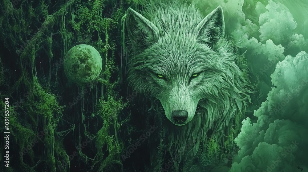 Obraz premium A mystical green wolf emerges from an enchanted forest, symbolizing strength and nature's beauty.