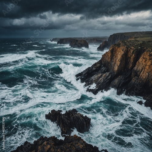 A dramatic seascape with jagged cliffs and stormy waves.