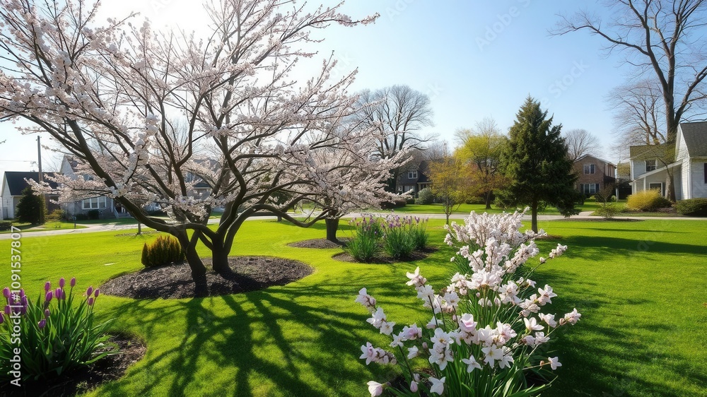 Obraz premium Bright morning with long shadows cast by houses on blooming lawns, spring, residential