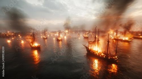 Wallpaper Mural Dramatic naval battle open sea digital art stormy atmosphere aerial view chaos and destruction Torontodigital.ca