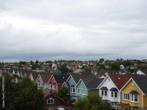 Wallpaper Mural Colorful houses with muted tones set against a cloudy sky in a suburban neighborhood, residential, weather Torontodigital.ca
