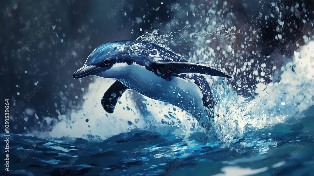 Fototapeta premium A playful dolphin leaps gracefully through the turquoise waters, creating splashes and showcasing its natural agility.