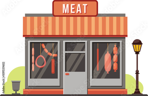 Colorful vector illustration of a meat shop building facade with various sausages hanging in the showcase and a street lamp on the sidewalk