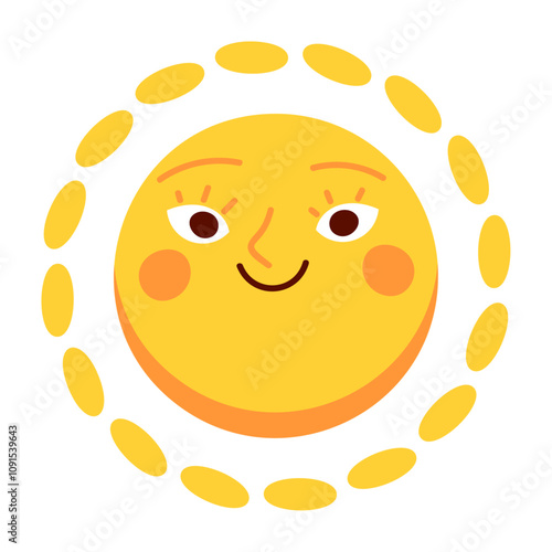 Cute sun with smiling face and sunshine rays. Summer sticker and sunny weather icon. Happy cartoon character with doodle graphic. Flat vector illustration isolated