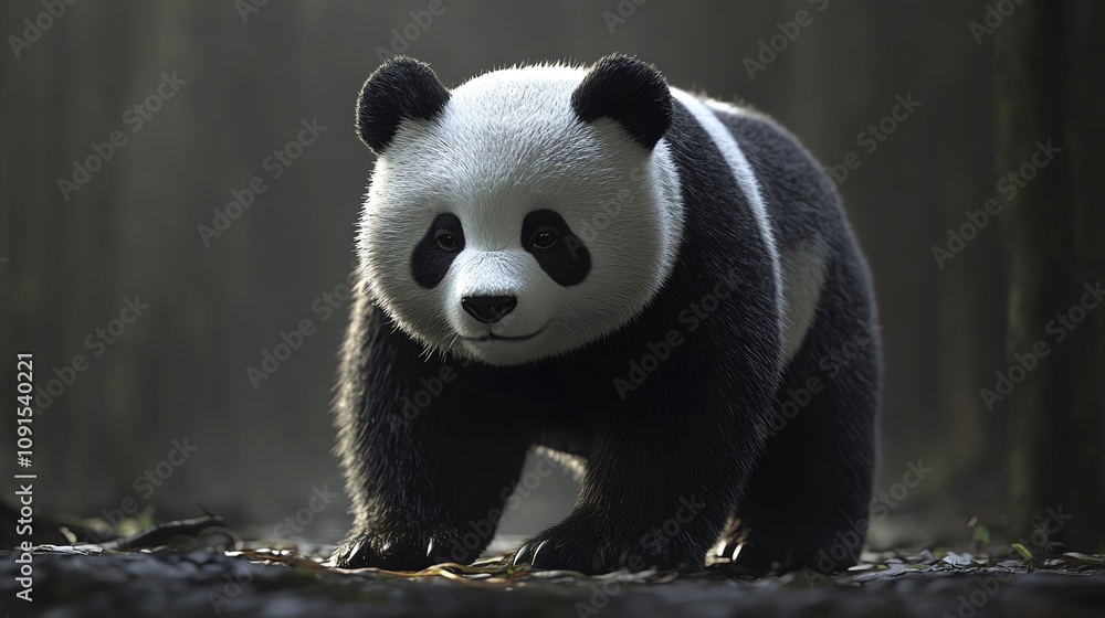 Obraz premium A playful panda wandering through a misty forest, showcasing its unique black and white fur in a tranquil setting.