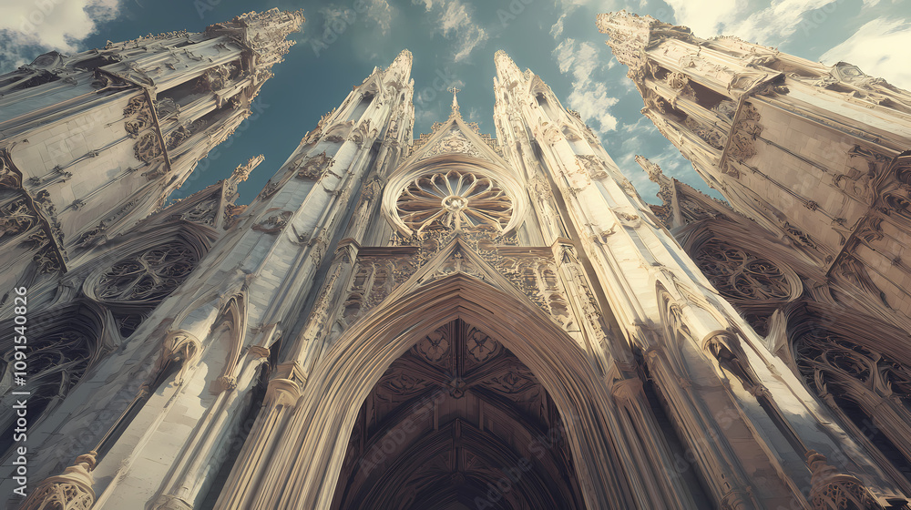 Naklejka premium A low-angle view of the intricate facade of a gothic cathedral with towering spires and a grand entrance. Gothic Cathedral Spires. Illustration