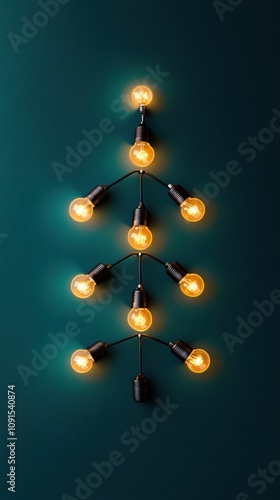 A minimalist Christmas tree design made of glowing lightbulbs arranged on a dark green background for a modern festive look photo