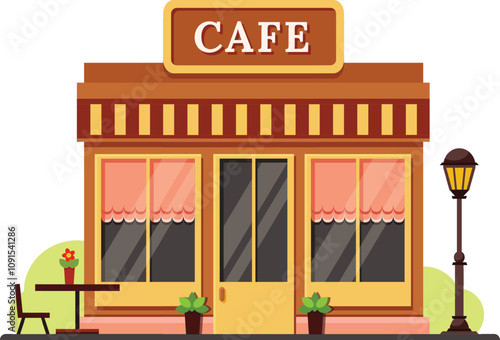 Charming cafe building with large windows, potted plants, a street lamp, and outdoor seating creates a welcoming atmosphere for customers