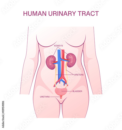 Labeled Human Urinary Tract Diagram: Kidney, Bladder, Ureter, and Urethra Anatomy for Medical Education and Scientific Study
